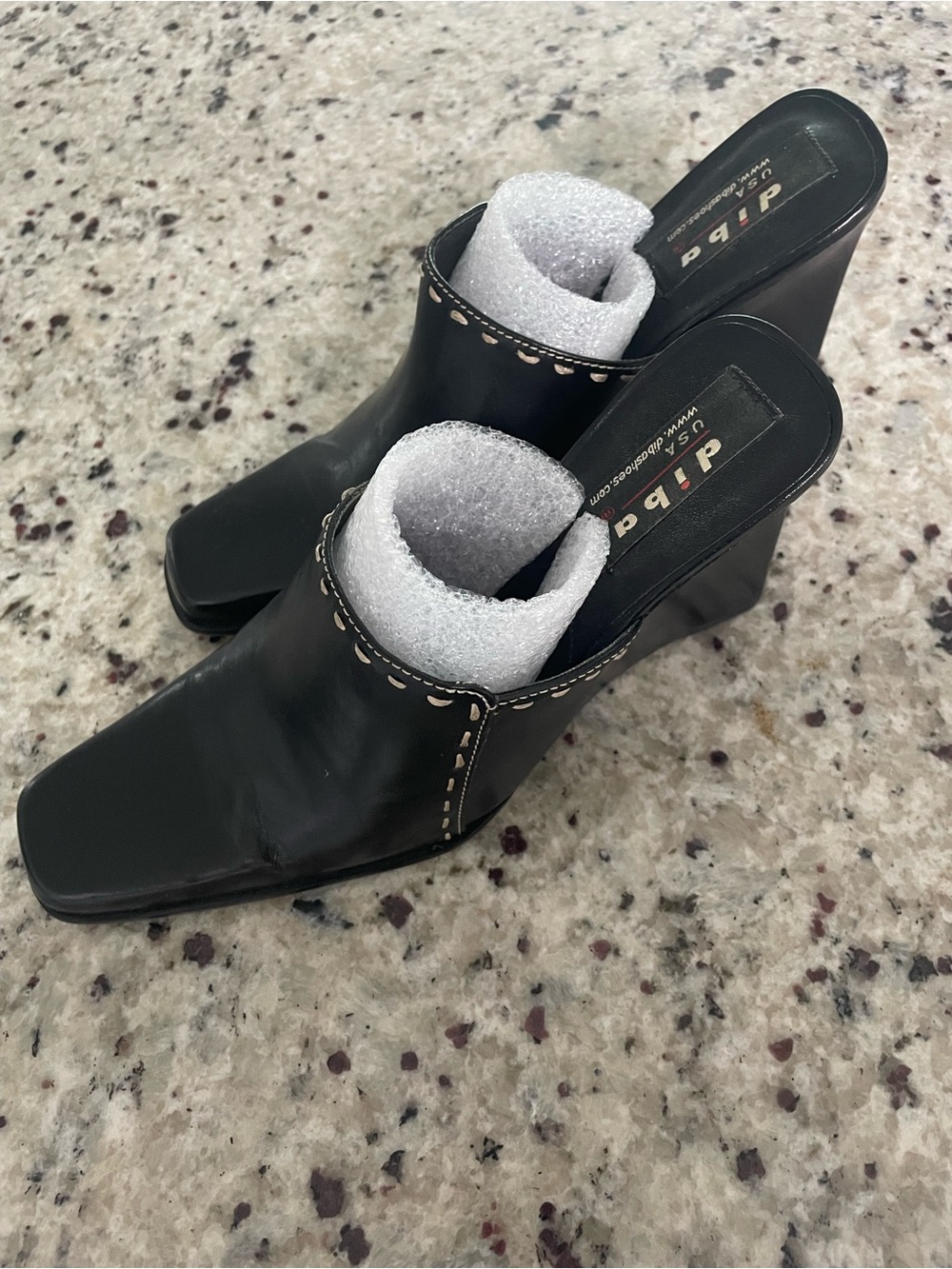 Diba Black Leather Square-Toe Wedge Mules with Contrast Stitching